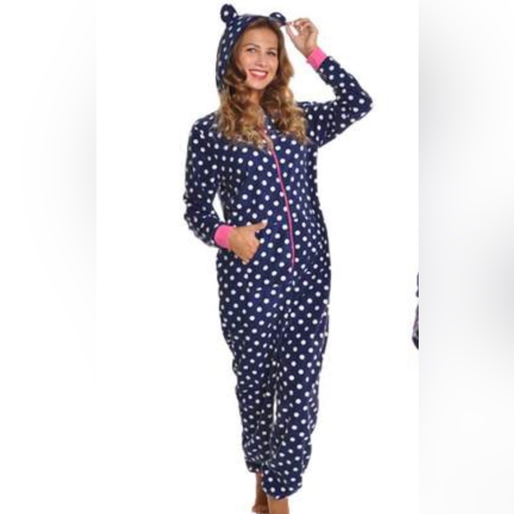 Hooded Onesie Polka Dot Cozy Fleece Pajamas Small/Medium Blue White Pink Holiday
